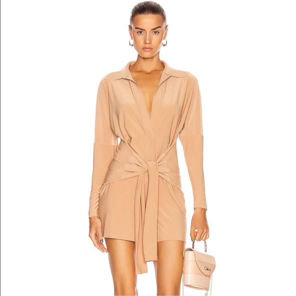 “NORMA KAMALI” Long-Sleeve Shirt Tie Front Jump-Shorts Romper